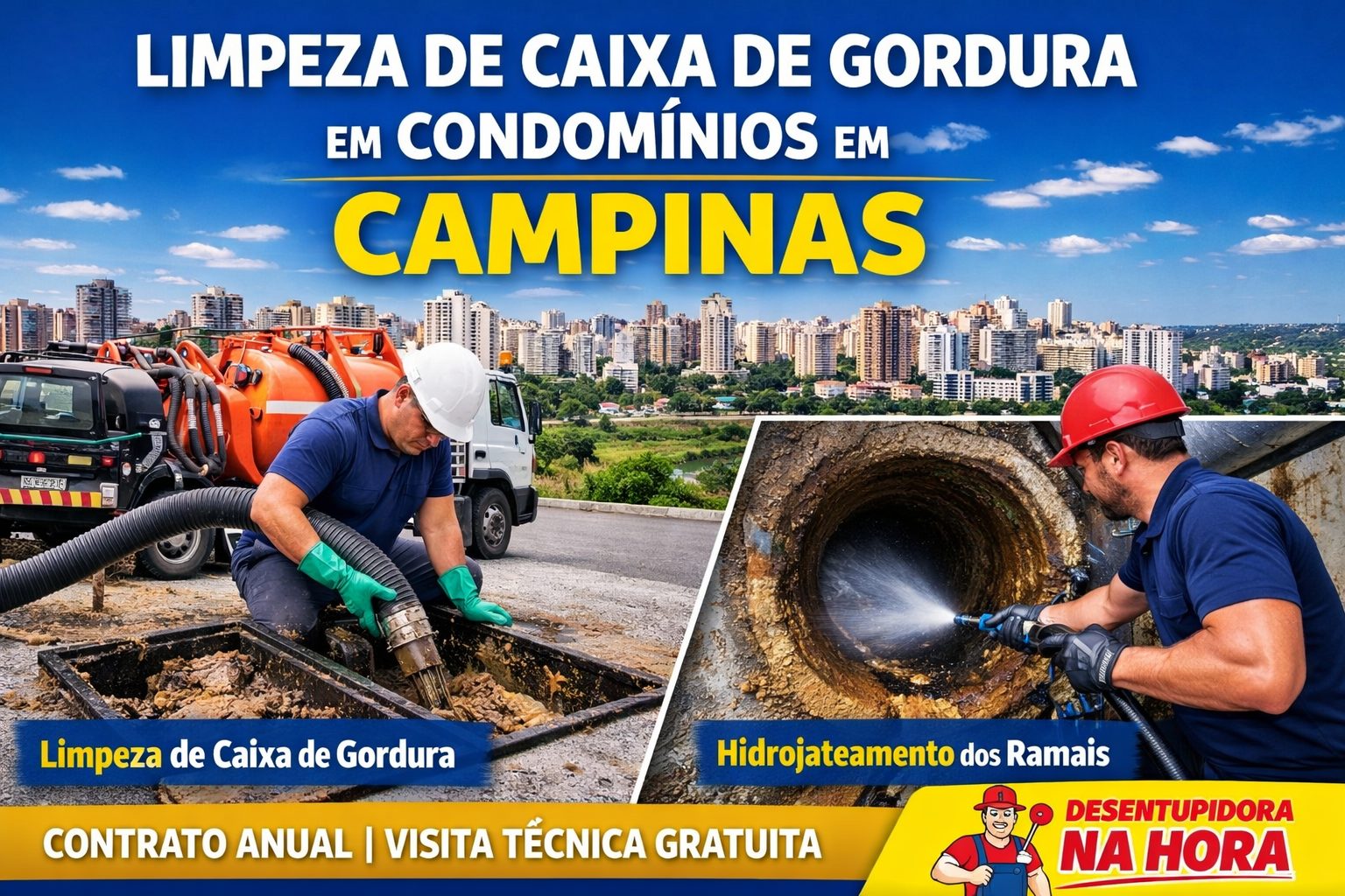 A Desentupidora Na Hora é especialista em limpeza de caixas de gordura e hidrojateamento de ramais em condomínios residenciais, oferecendo contratos anuais de manutenção preventiva com excelente custo-benefício.